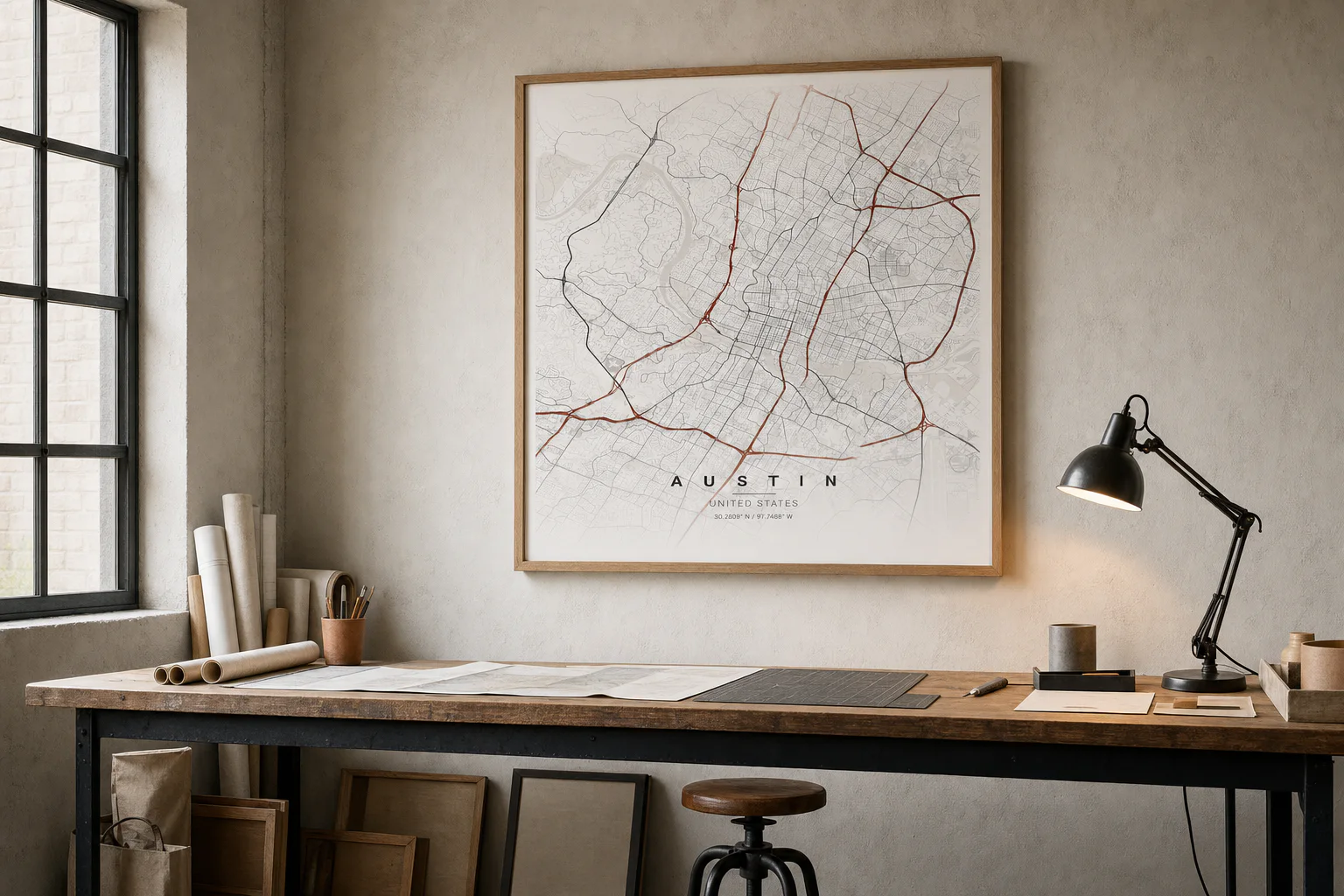 Austin map poster above a working table in a warm industrial design studio