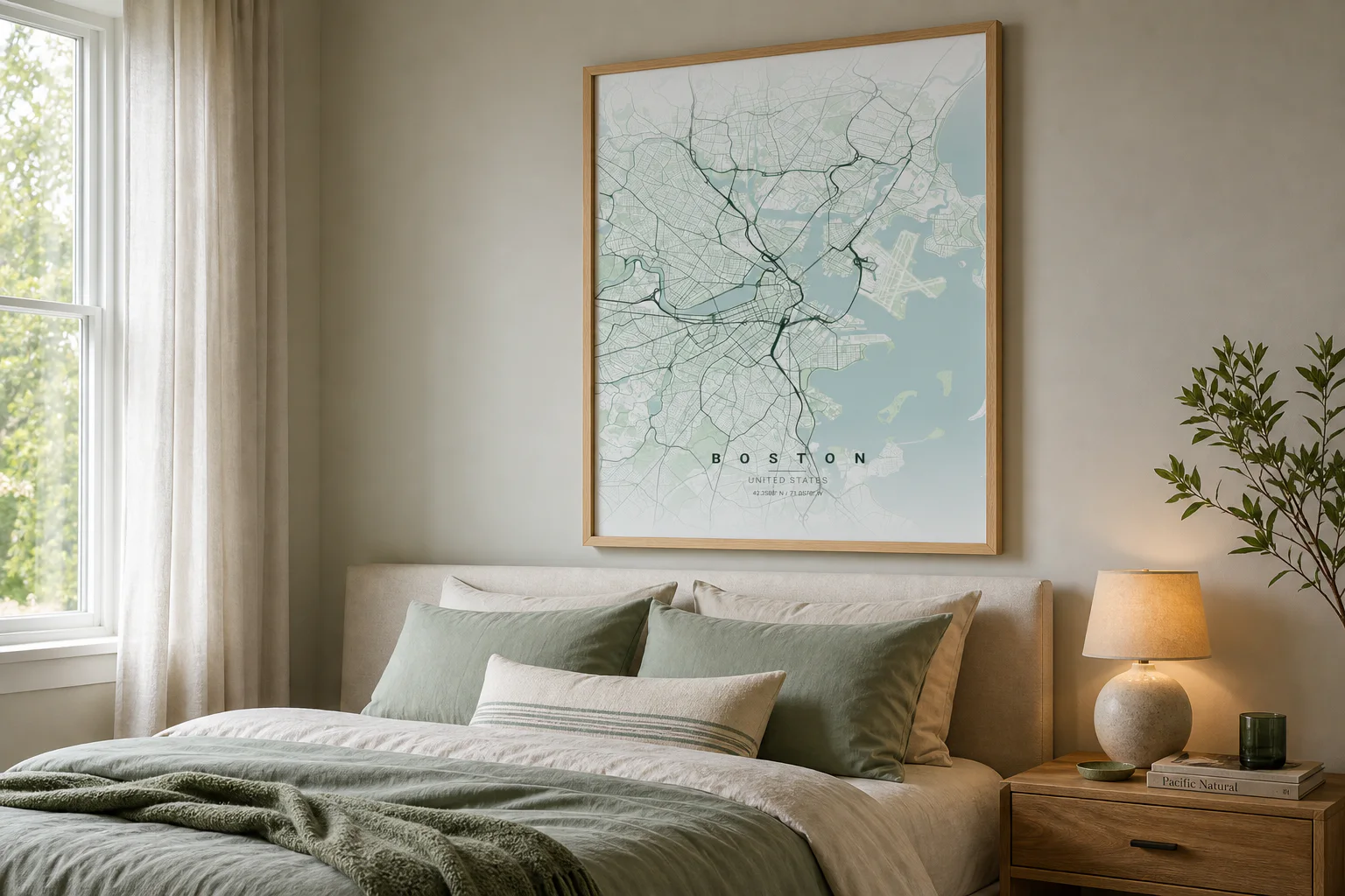 Boston map poster in a natural oak frame above a softly styled bed