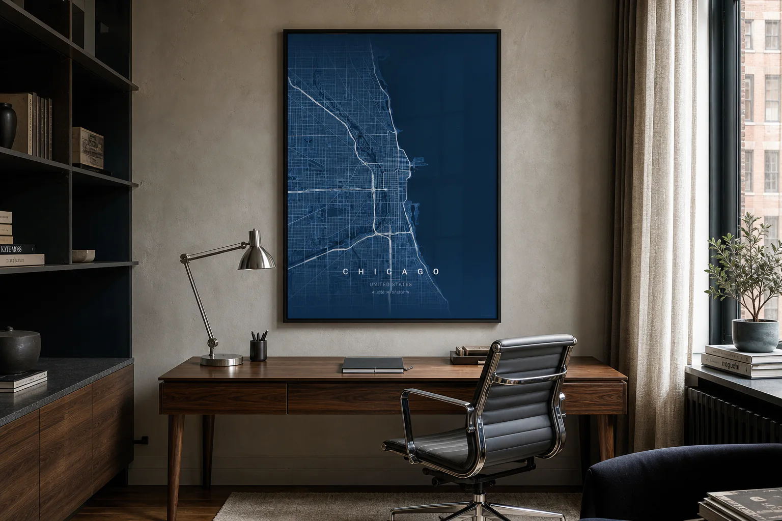 Blueprint map poster above a walnut desk in an industrial home office