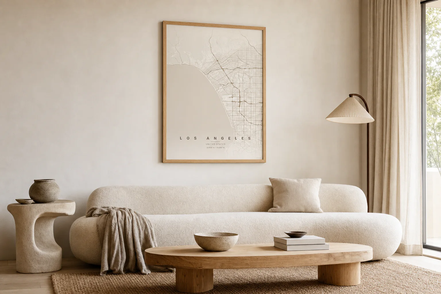 Los Angeles Warm Beige map poster in a calm Scandinavian living room