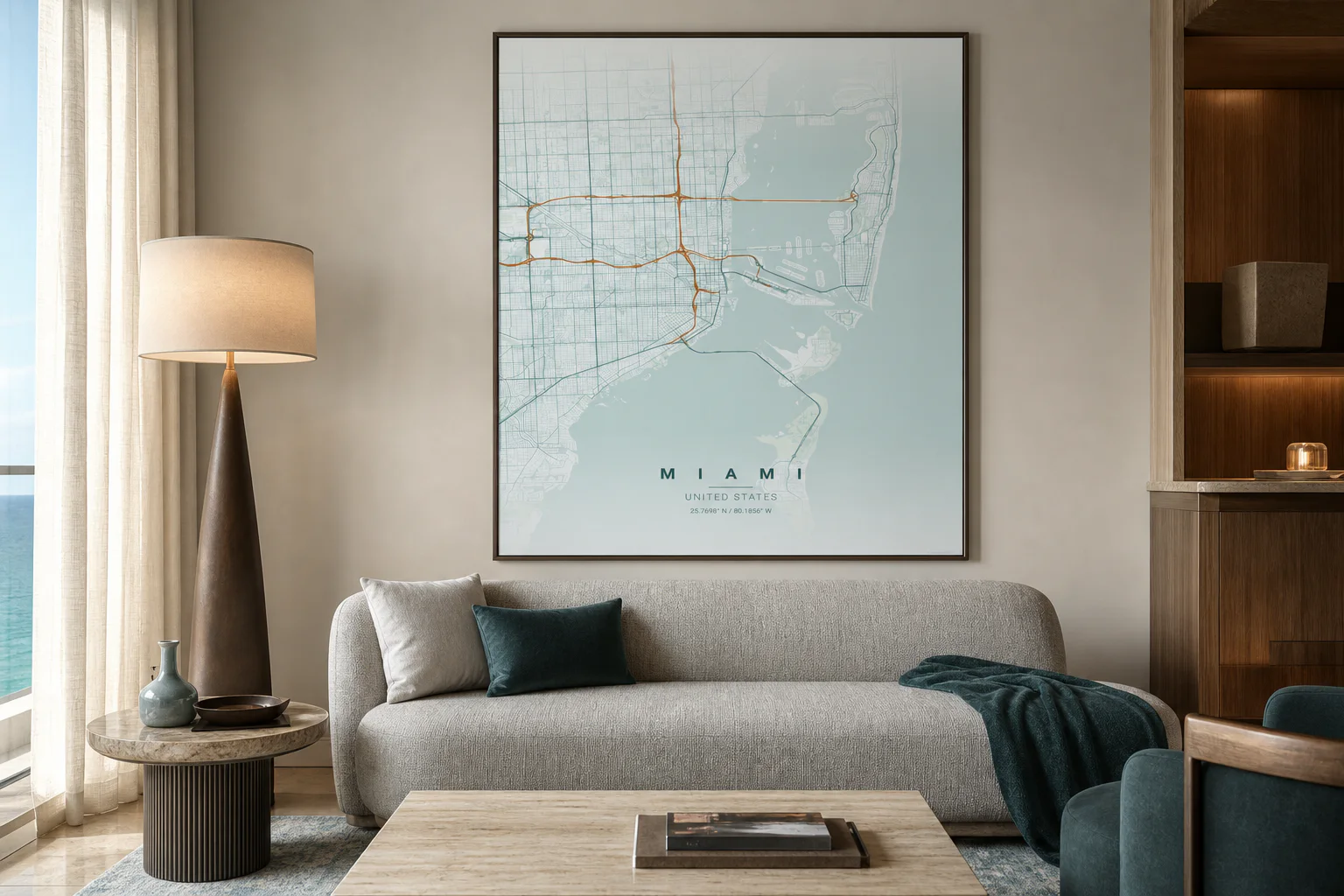 Large framed map poster in a refined contemporary hotel lounge
