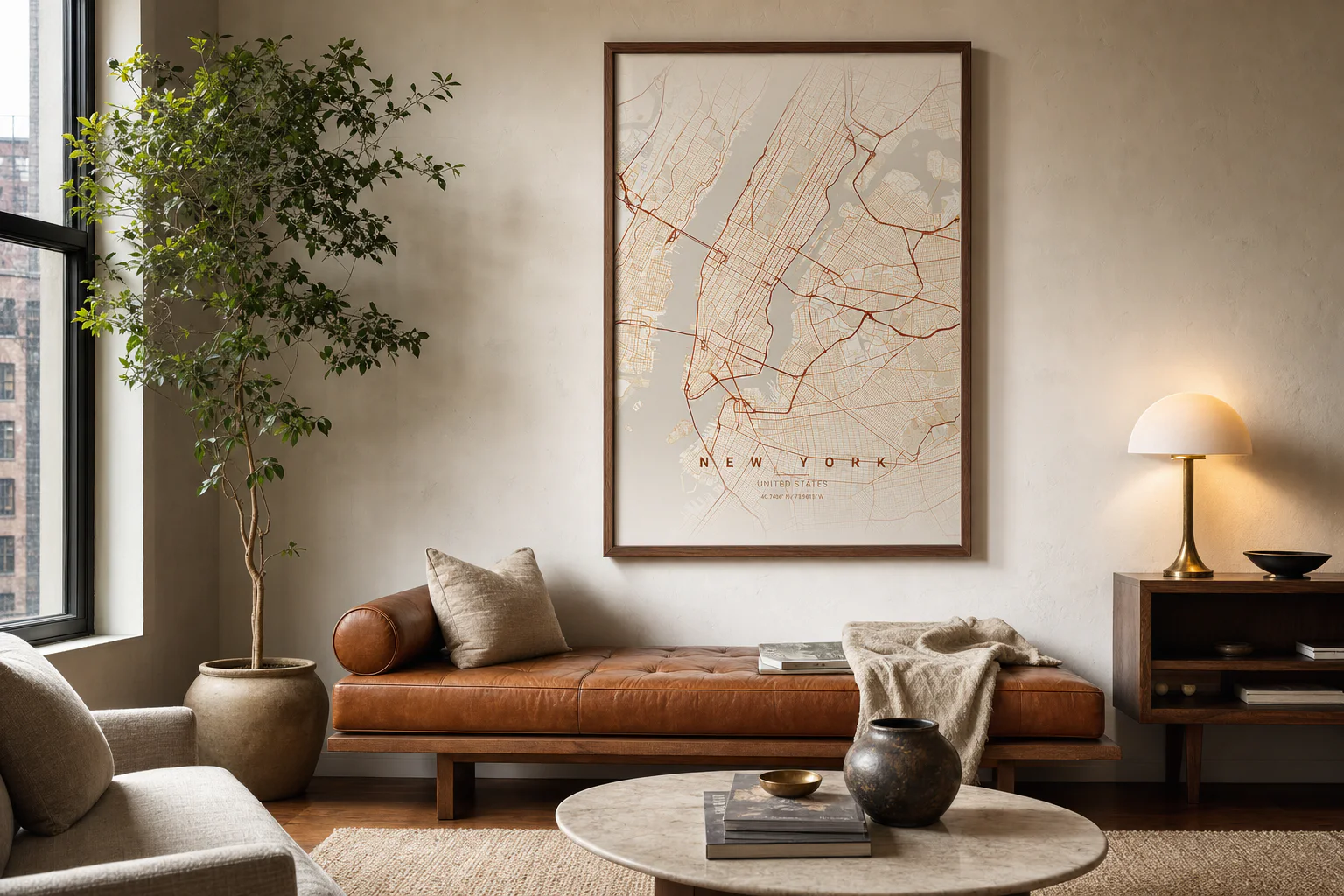 Warm framed map poster integrated into an intimate mid-century interior