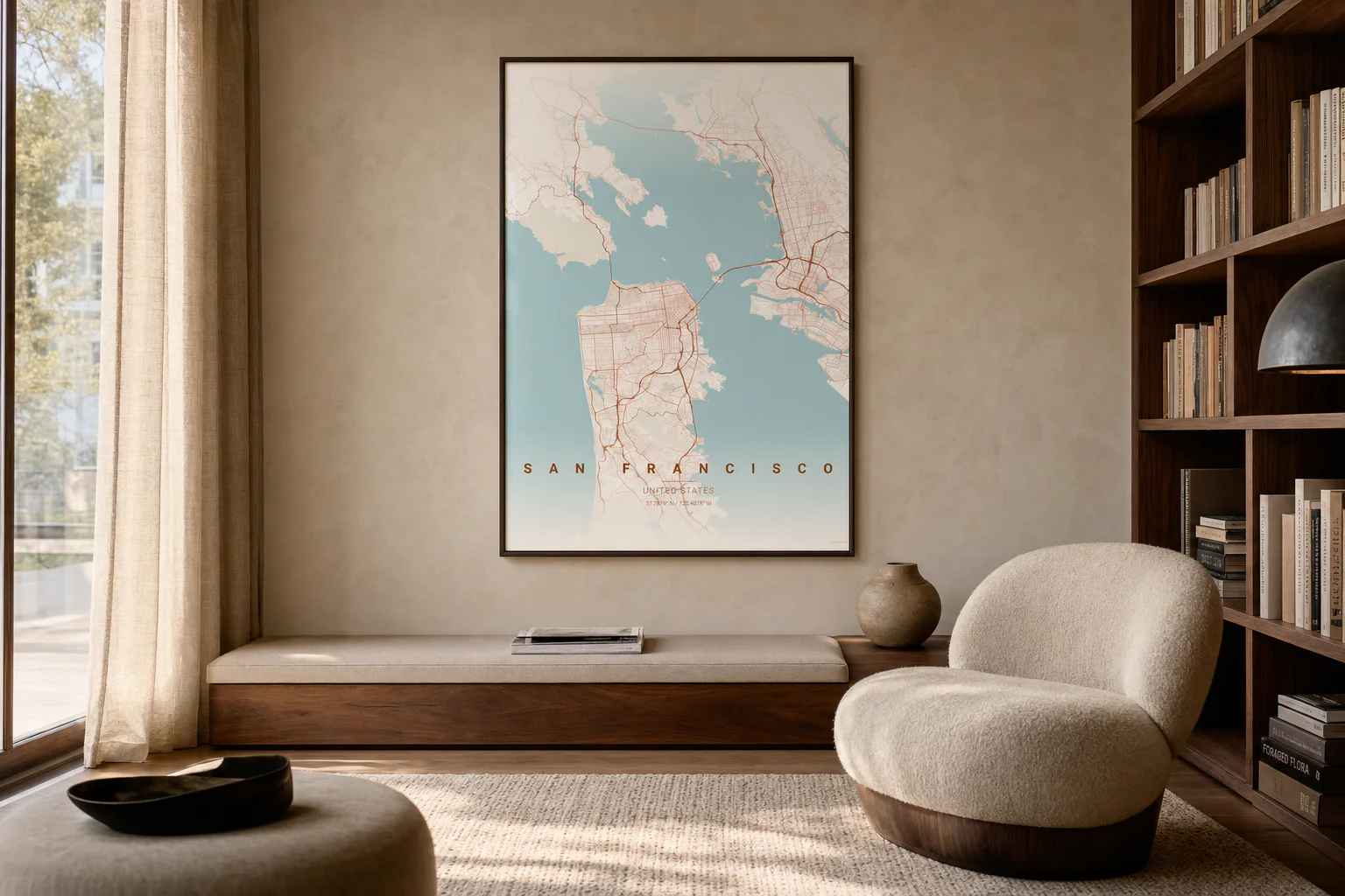 San Francisco map poster in a warm editorial reading room