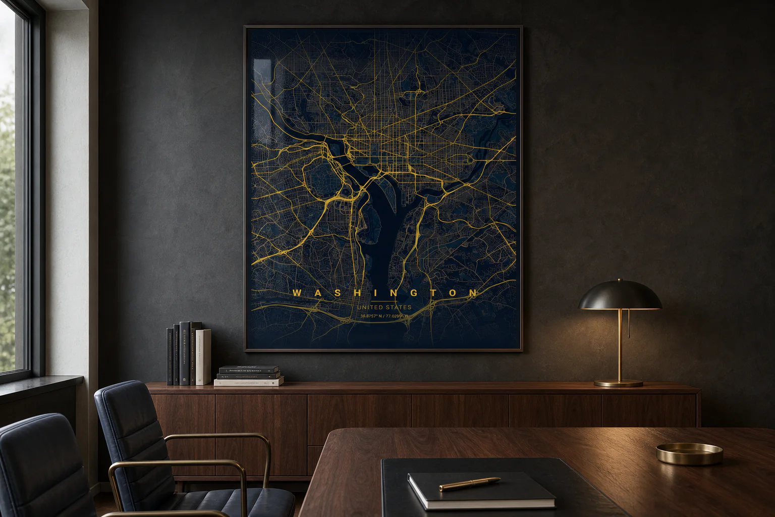 Washington map poster coordinated with walnut and brass in an executive office