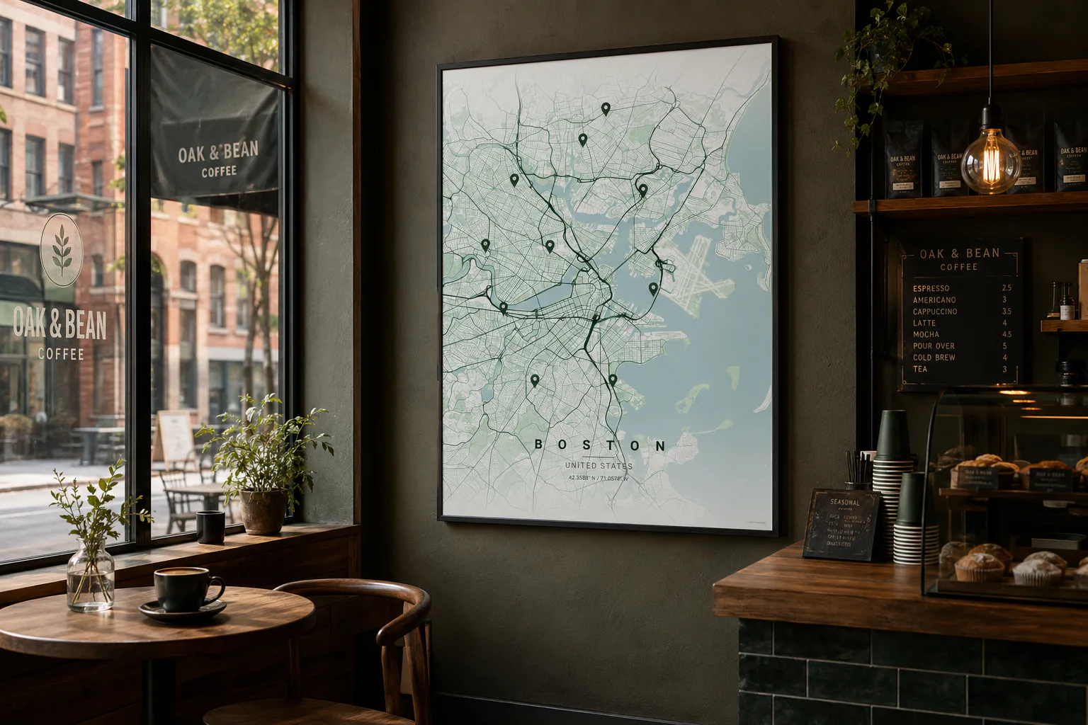 Large Boston map poster on the wall of a warm neighborhood cafe