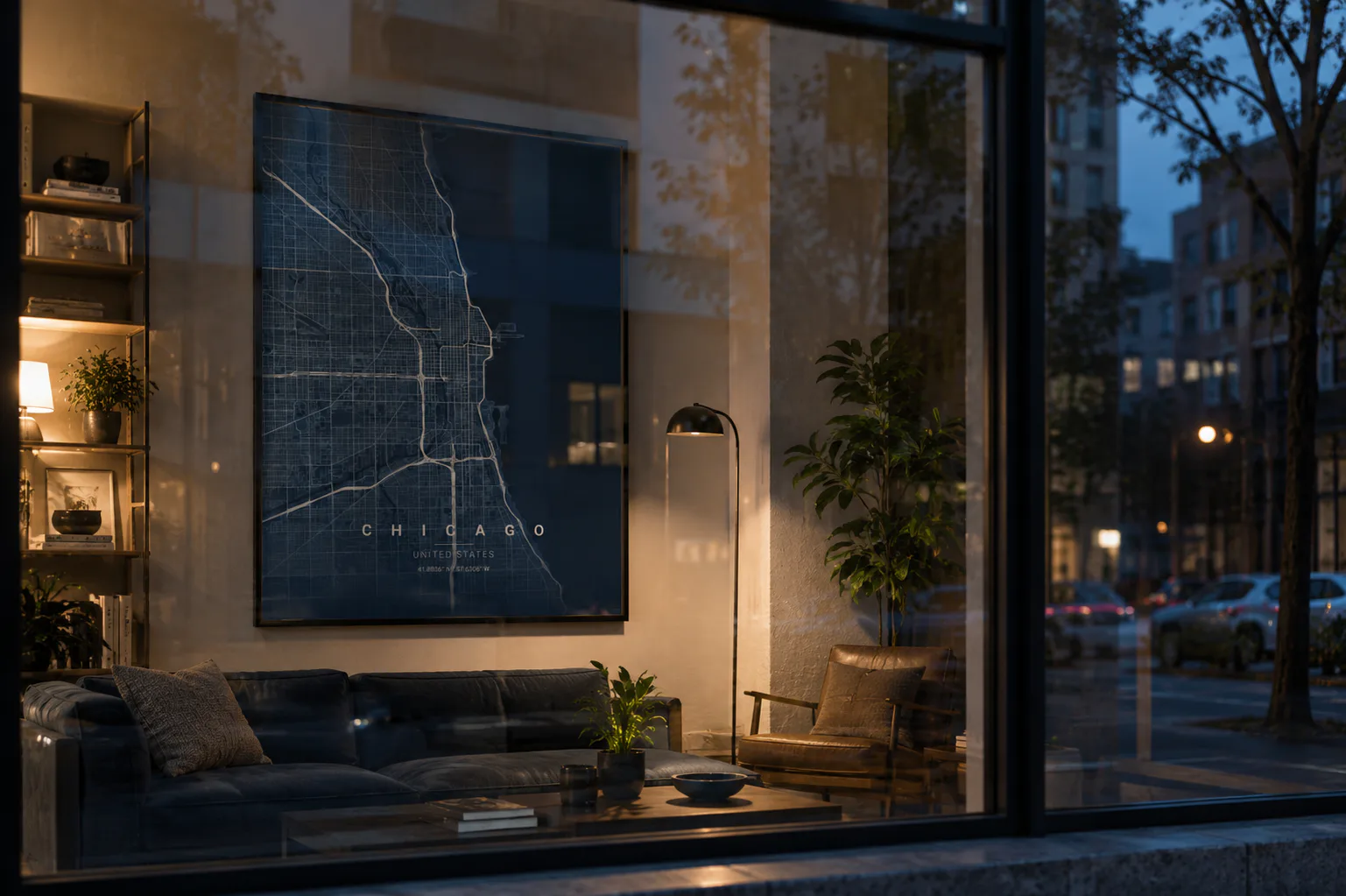 Dark blue Chicago map poster in a warmly lit apartment at dusk