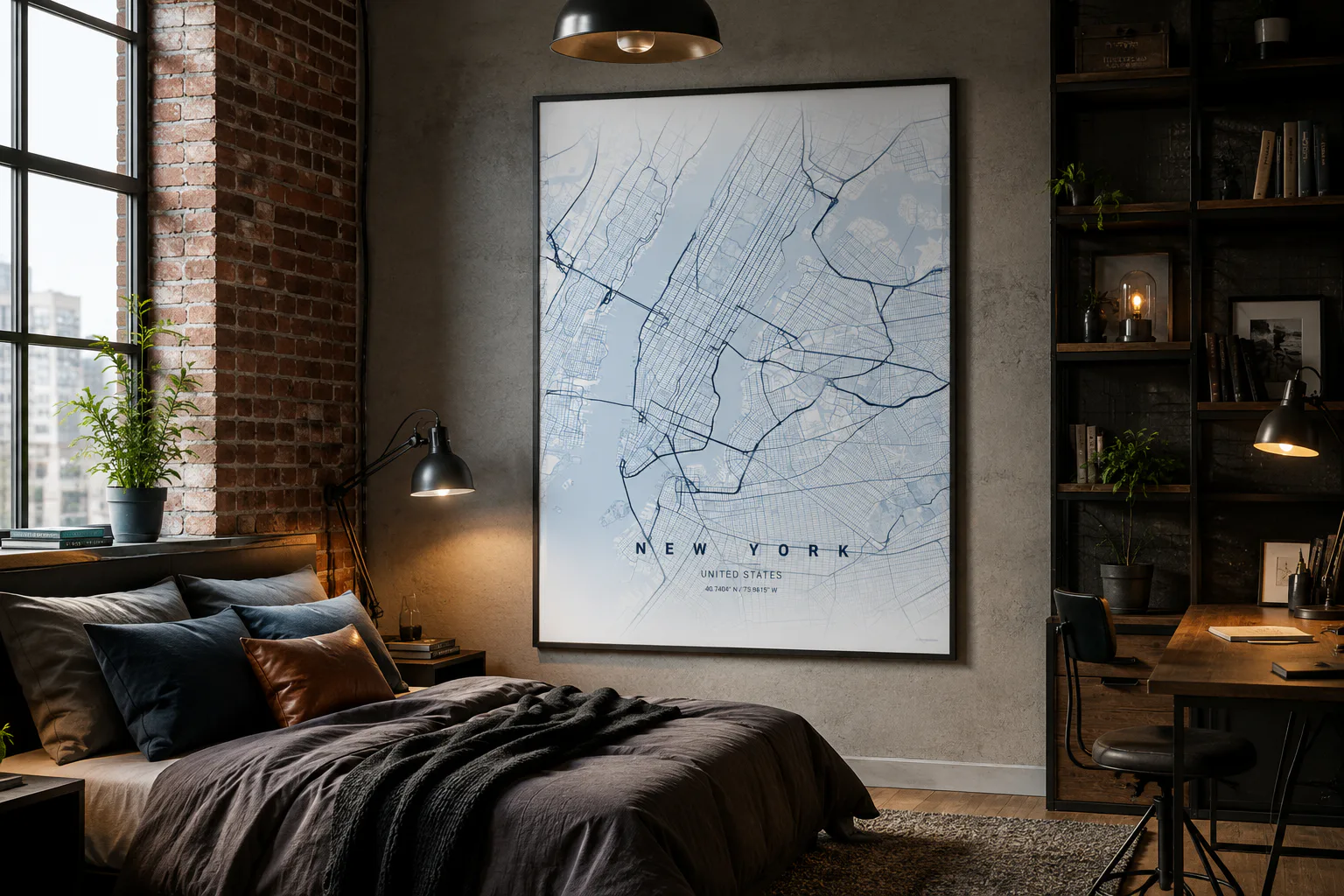 Large framed New York map poster in a warm loft bedroom