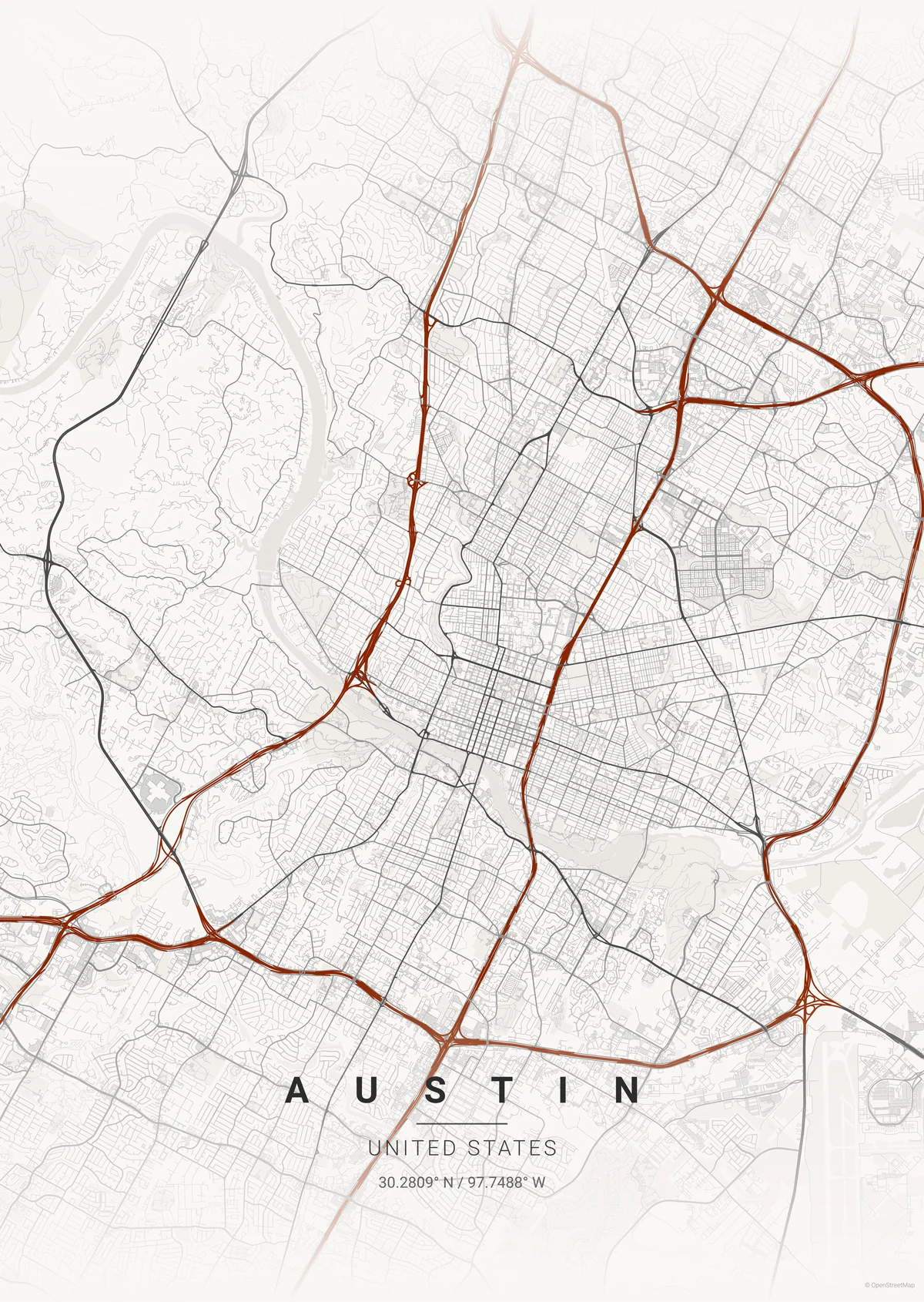 Austin map poster in the Japanese Ink theme