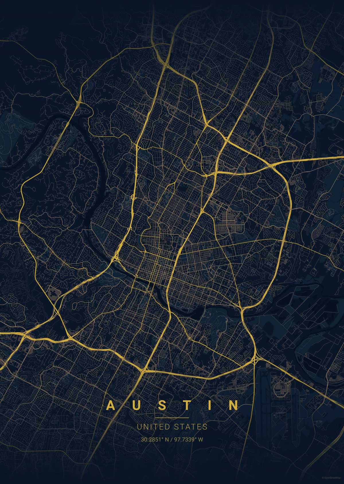Austin map poster in the Midnight Blue theme