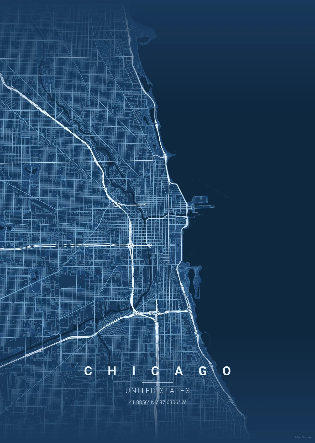 Chicago map poster in the Blueprint theme