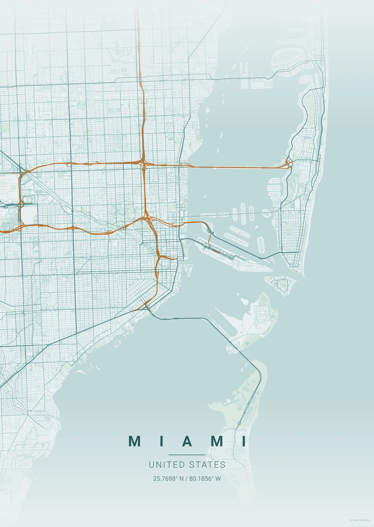 Miami map poster in the Copper Patina theme