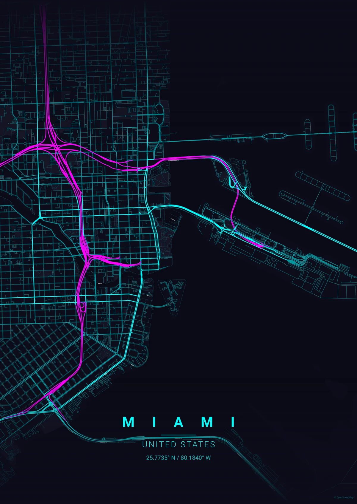 Miami map poster in the Neon Cyberpunk theme