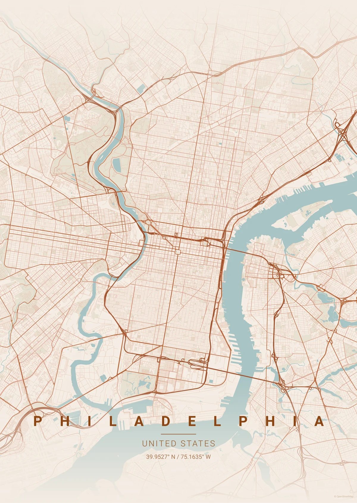 Philadelphia map poster in the Terracotta theme