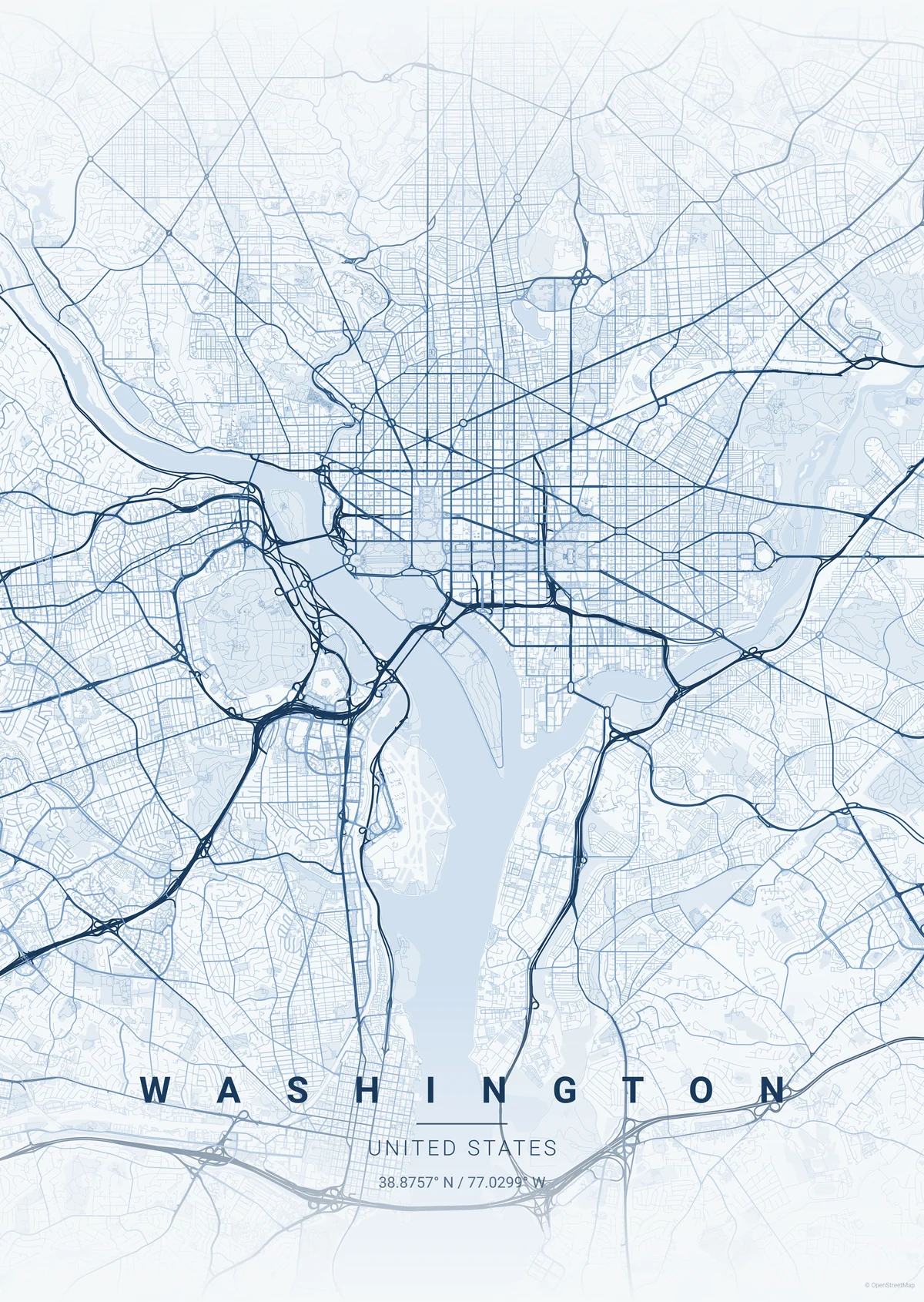 Washington map poster in the Monochrome Blue theme